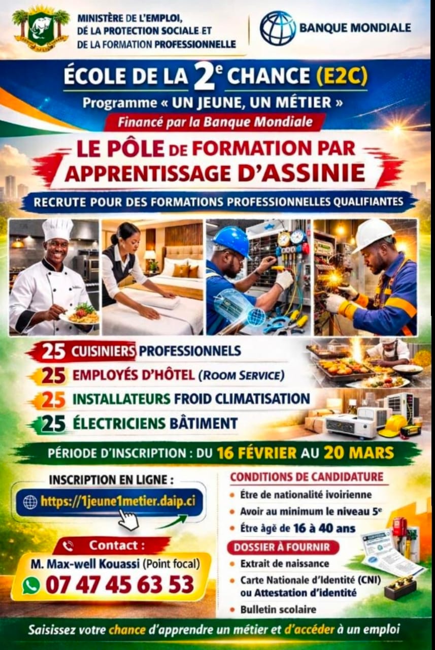 Affiche E2C — Programme Un Jeune Un Métier, financement Banque Mondiale, formations à Assinie